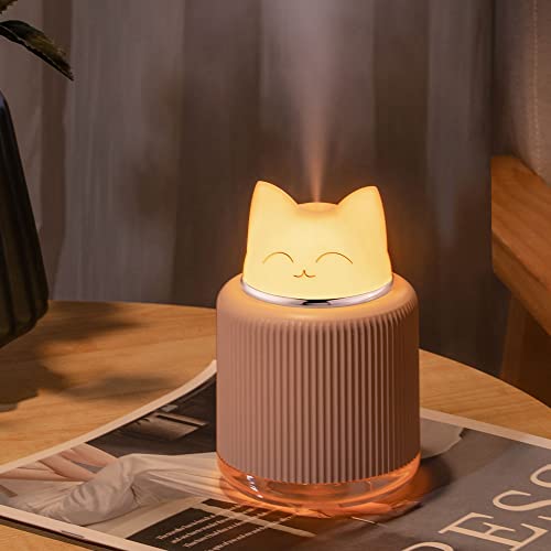 Mini Humidifier-Cute Cat Mist Humidifier for Kids Bedroom, Small Ultrasonic humidifier for Home Car Office with USB 2 LED Colors, Waterless Auto Shutoff, Quiet 300ml