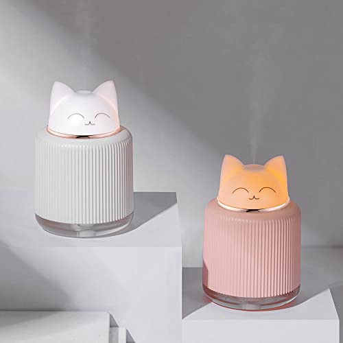 Mini Humidifier-Cute Cat Mist Humidifier for Kids Bedroom, Small Ultrasonic humidifier for Home Car Office with USB 2 LED Colors, Waterless Auto Shutoff, Quiet 300ml
